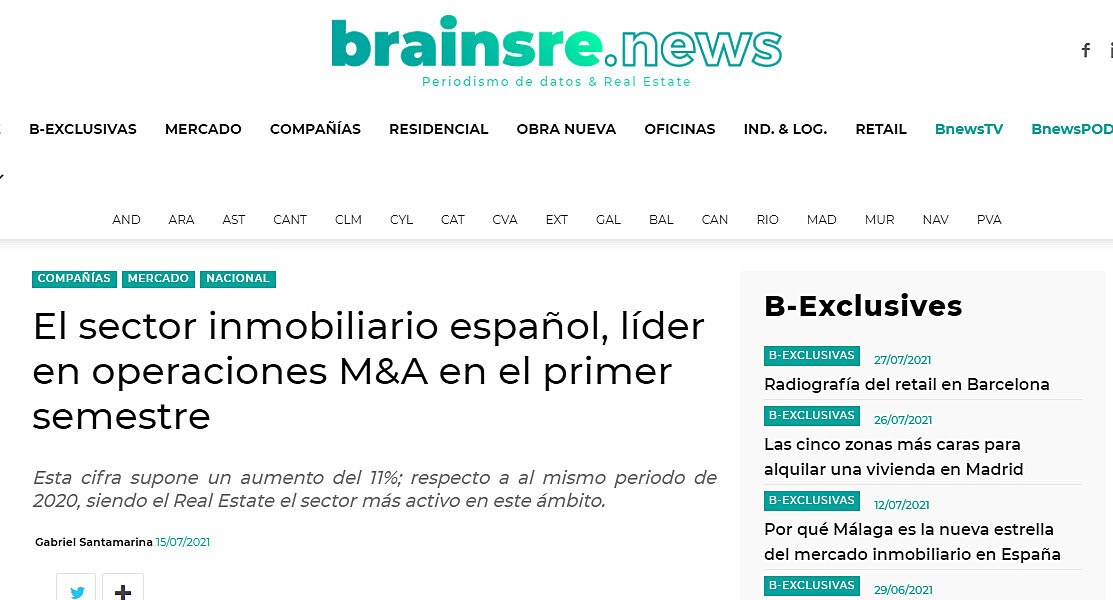 El sector inmobiliario espaol, lder en operaciones M&A en el primer semestre